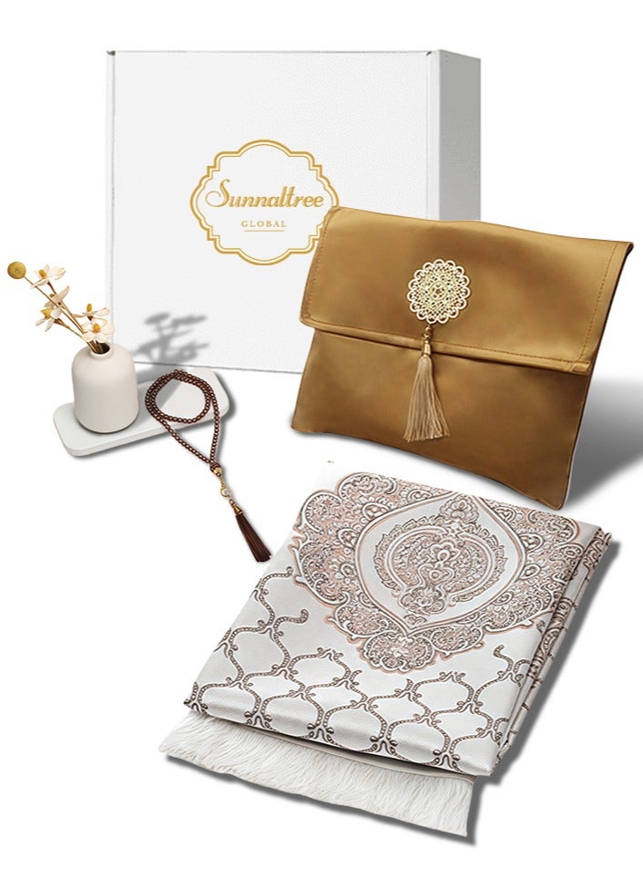 Sunnaltree Ramadan Gifting Package 3PCS Prayer Mat Set with Box, Beautiful Prayer Mat, With Pouch and Tasbih, Premium Quality Skin Friendly Materiel, Foldable Prayer Carpet Mat, Ideal for Home, Travelling, At Office, At Work, For Ramadan, Eid Etc, Best Gift Idea Prayer(Gold) - Image 1